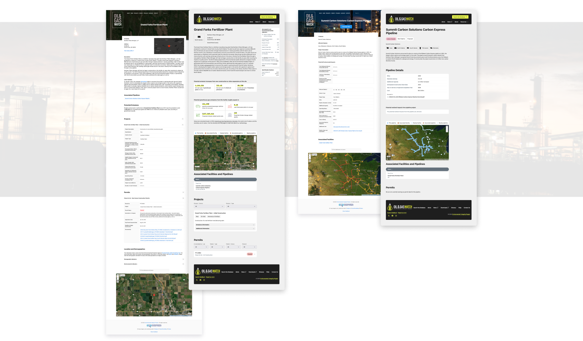 Before and after of Oil and Gas Watch facility and pipeline detail pages, comparing the old layout to the redesigned pages with reorganized navigation and simplified data display.